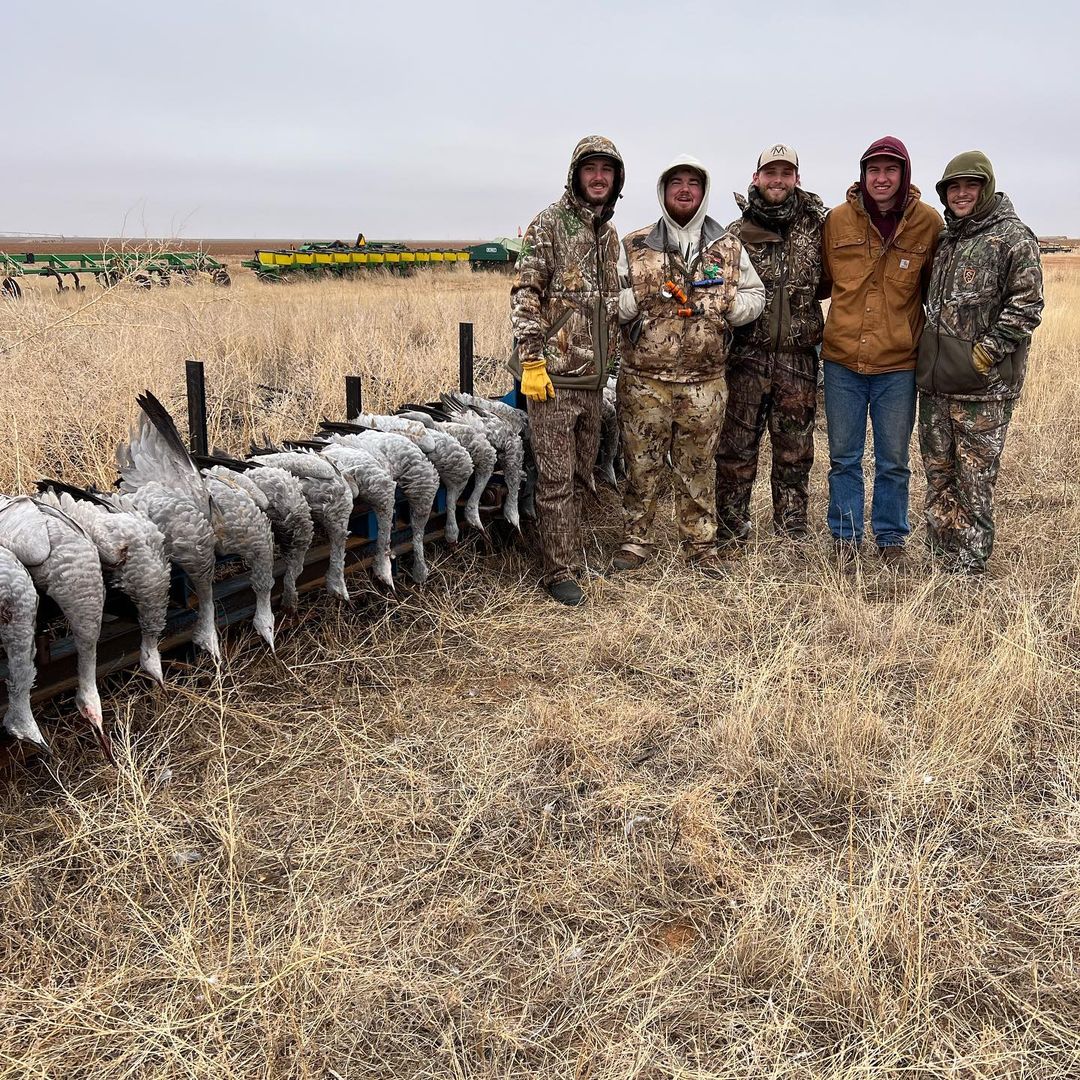 Group of hunters with hunted cranes