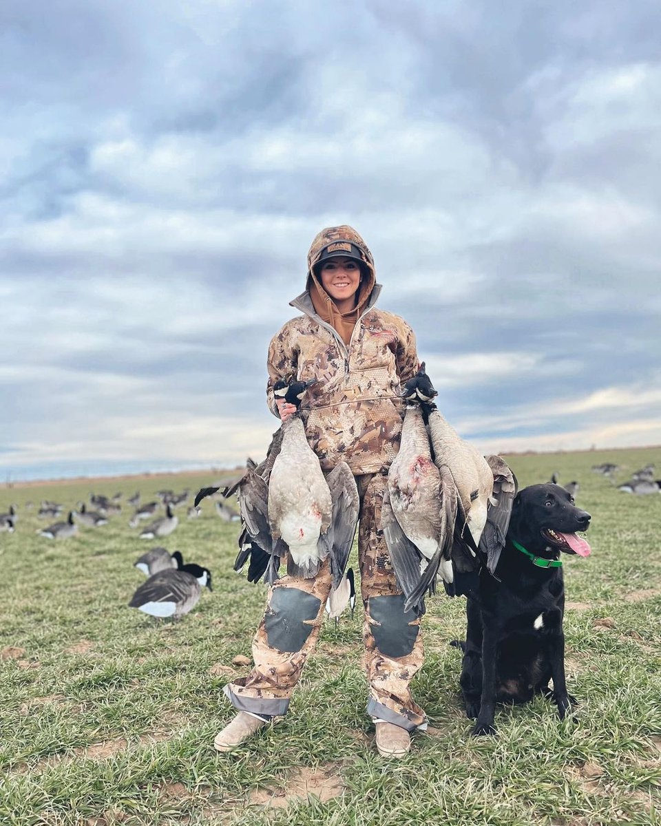 Woman hunter with hunting dog and geese